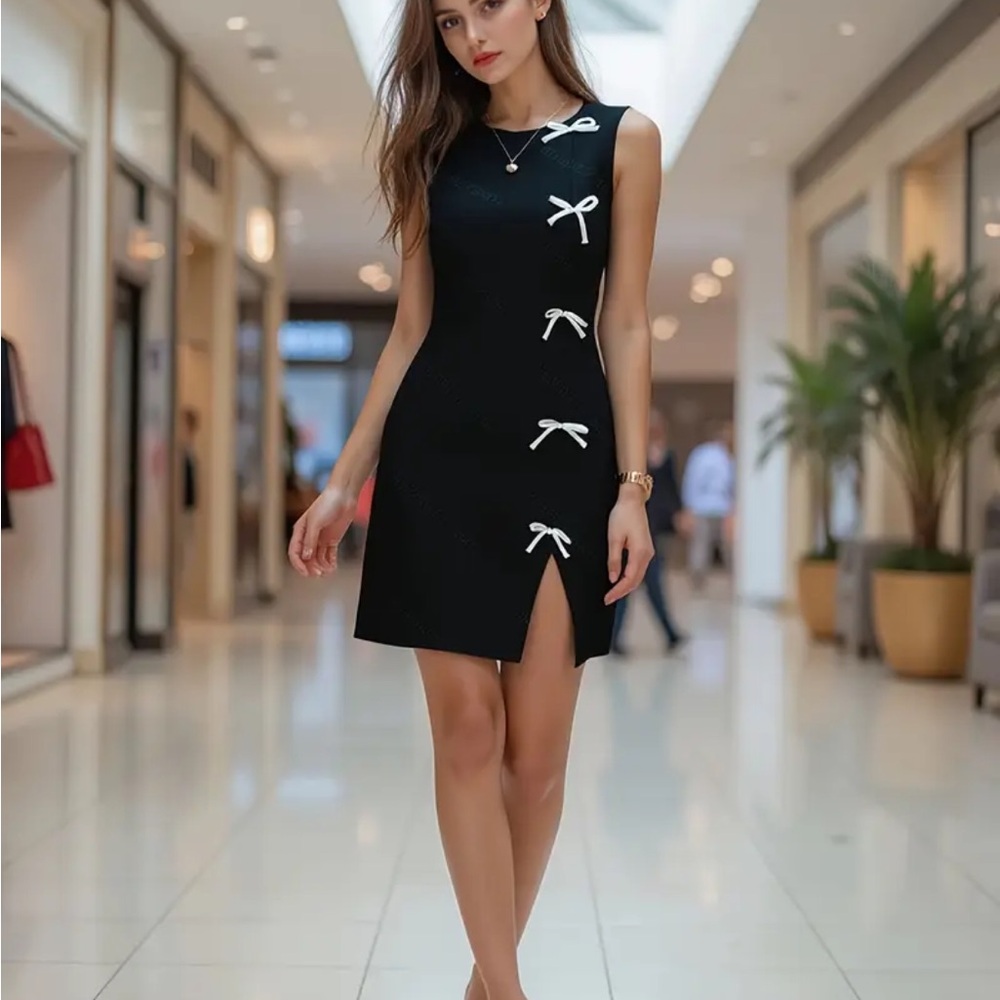 Chic Black Dress with White Bow Accents size large NWOT